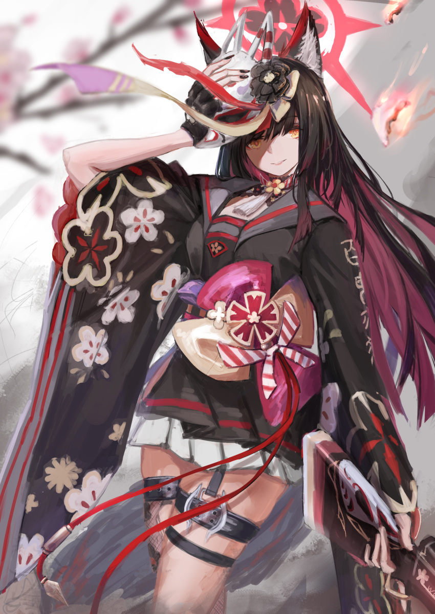 1girl absurdres bangs black_gloves black_hair black_kimono blue_archive blurry blurry_background closed_mouth colored_inner_hair fingerless_gloves fire floral_print fox_mask garter_straps gloves gun halo hand_up highres holding holding_gun holding_mask holding_weapon japanese_clothes kimono kimono_skirt long_sleeves looking_at_viewer mask multicolored_hair nullsaki_uta obi sailor_collar sash single_thighhigh smile solo thigh-highs thigh_strap wakamo_(blue_archive) weapon wide_sleeves yellow_eyes