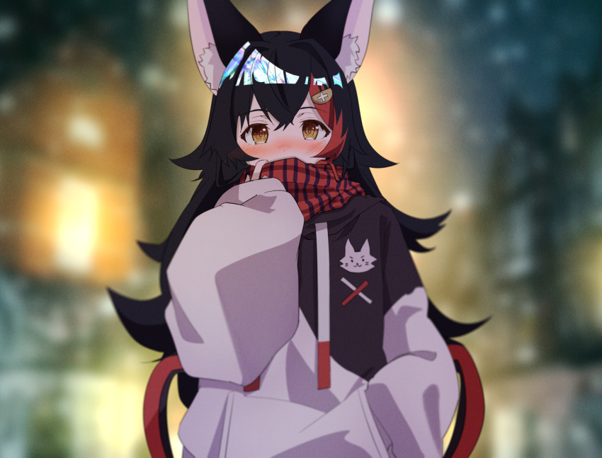 1girl animal_ear_fluff animal_ears black_hair blurry blurry_background blush brown_eyes commentary_request covering_mouth daichi_(daichi_catcat) hair_ornament hand_in_pocket hololive jacket long_hair long_sleeves looking_at_viewer multicolored_hair nose_blush ookami_mio redhead scarf scarf_over_mouth solo streaked_hair upper_body virtual_youtuber wolf_ears wolf_girl