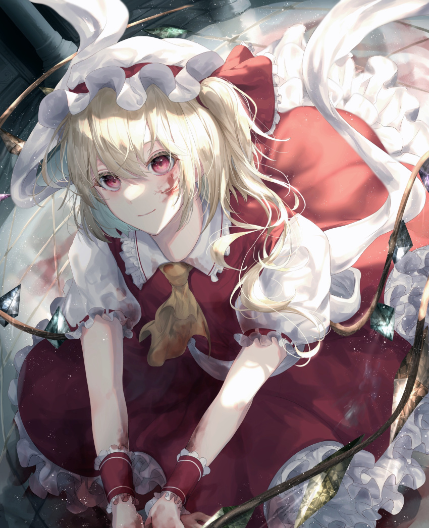 1girl absurdres ascot blonde_hair blood blood_on_clothes blood_on_face blood_on_hands closed_mouth collared_shirt commentary crystal flandre_scarlet frilled_shirt_collar frilled_skirt frills hair_between_eyes hair_ribbon hat highres indoors long_hair looking_at_viewer mob_cap one_side_up pillar puffy_short_sleeves puffy_sleeves red_eyes red_ribbon red_skirt red_vest reflection ribbon shirt short_sleeves skirt skirt_set smile solo toku_kekakewanko touhou vest white_headwear white_ribbon white_shirt wings wrist_cuffs yellow_ascot