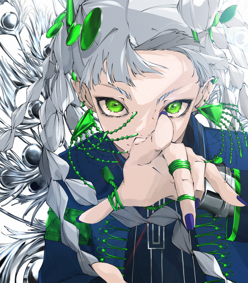 1girl absurdres braid daichi earrings green_eyes highres jewelry nail_polish original pointing pointing_at_viewer purple_nails ring simple_background solo white_background white_hair