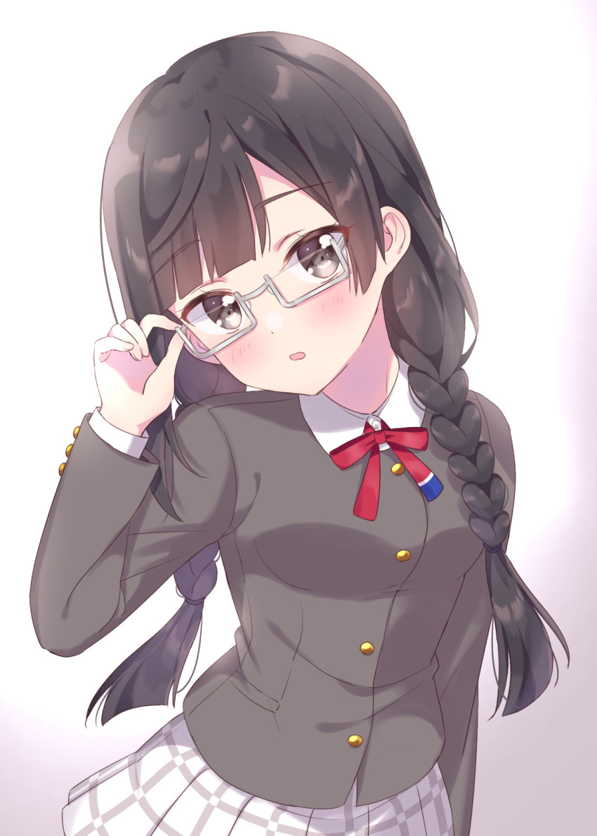 bangs black_eyes black_hair braid glasses grey_eyes highres ichigomilk1515 long_hair love_live! love_live!_nijigasaki_high_school_idol_club low_twintails nakagawa_nana nijigasaki_academy_school_uniform school_uniform semi-rimless_eyewear swept_bangs twin_braids twintails yuuki_setsuna_(love_live!)