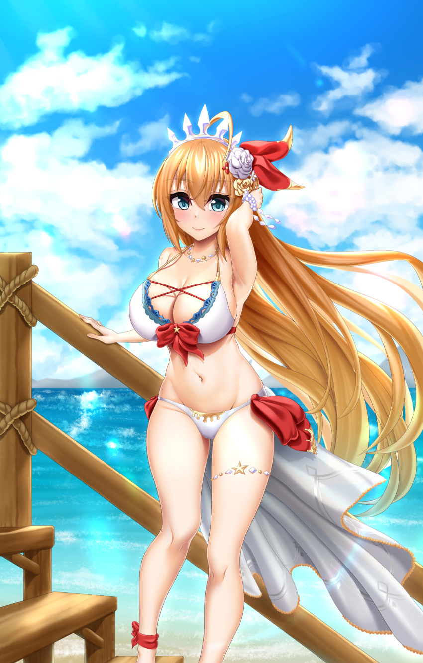 1girl abukobato ahoge armpits beach bikini blonde_hair blue_eyes blue_sky blush bow breasts closed_mouth clouds crown cute cygames day eustiana_von_astraea flower hair_flower hair_ornament highres horizon huge_breasts jewelry long_hair looking_at_viewer navel necklace ocean outdoors pecorine_(princess_connect!) princess_connect! railing red_bow sarong sky smile solo stairs swimsuit very_long_hair white_bikini white_flower