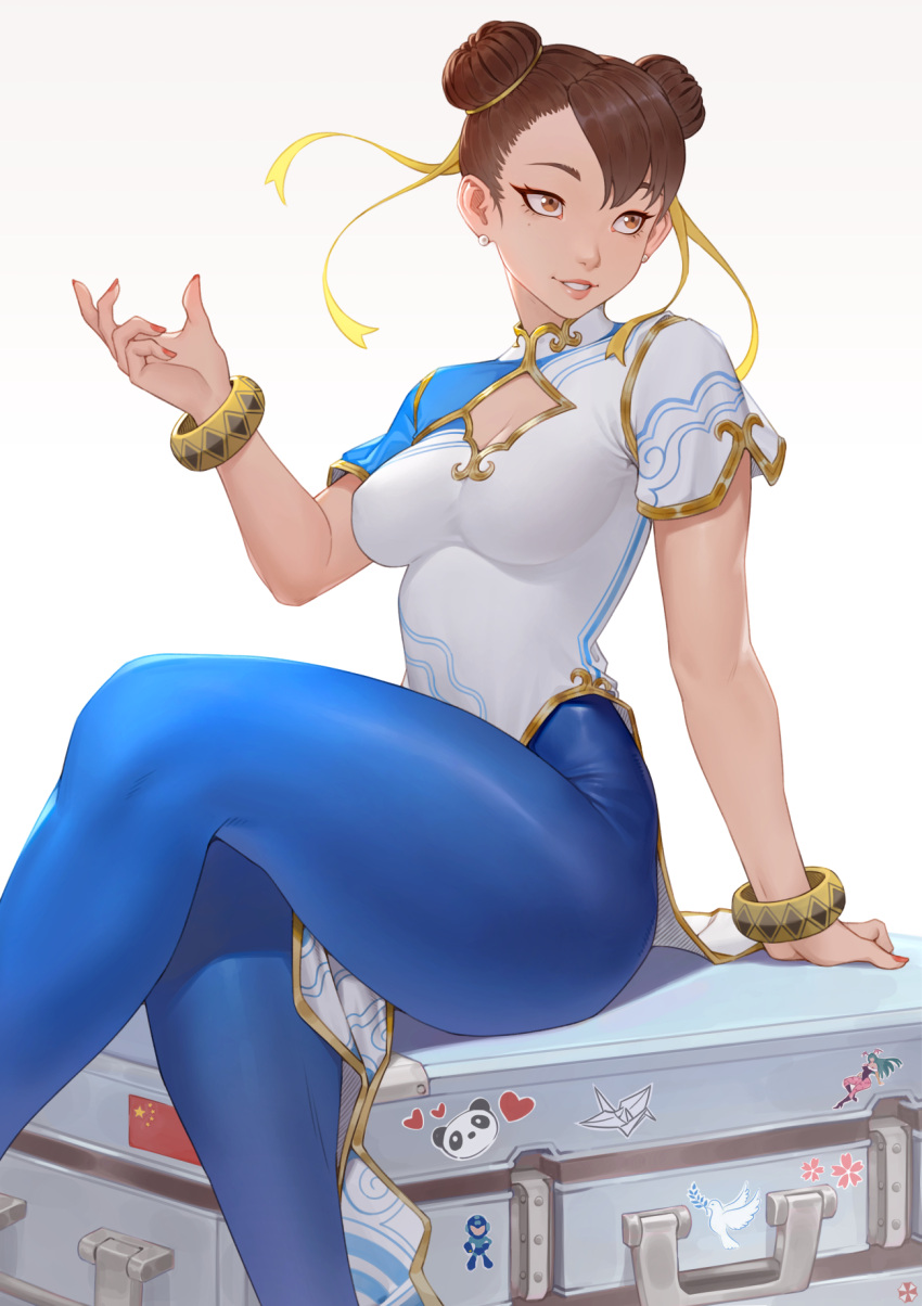 1girl arm_support blue_pants bracelet breasts brown_eyes brown_hair cheshirrr china_dress chinese_clothes chun-li clothing_cutout double_bun dress duplicate earrings fingernails gold_trim hair_bun hand_up highres jewelry lips medium_breasts mega_man_(series) nail_polish pants parted_lips people's_republic_of_china_flag pixel-perfect_duplicate shiny shiny_clothes shiny_hair short_sleeves simple_background sitting skin_tight smile sticker street_fighter street_fighter_6 turtleneck vampire_(game) white_background