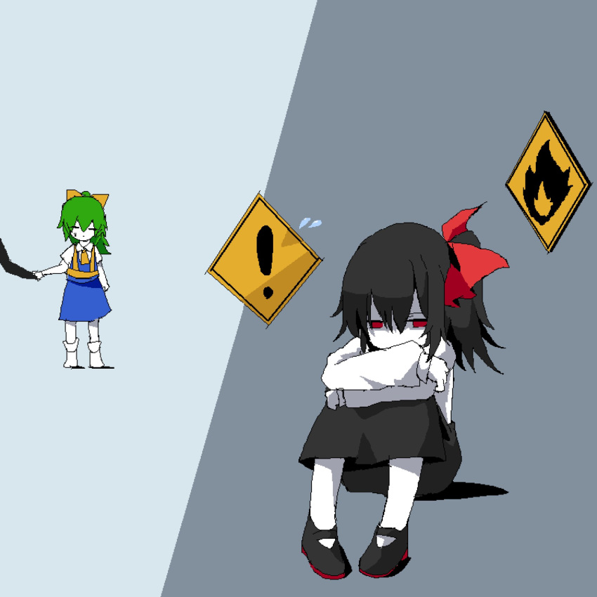 2girls ascot bangs black_footwear black_hair black_skirt blue_skirt blue_vest bow closed_eyes collared_shirt colored_skin commentary_request cookie_(touhou) daiyousei diyusi_(cookie) flying_sweatdrops full_body green_hair hair_bow high-visibility_vest highres medium_hair multiple_girls ponytail red_ascot red_bow red_eyes road_sign shirt shoes short_sleeves side_ponytail sign siyudi_(cookie) skirt sparseseethe suspender_skirt suspenders touhou vest warning_sign white_footwear white_shirt white_skin yellow_ascot yellow_bow