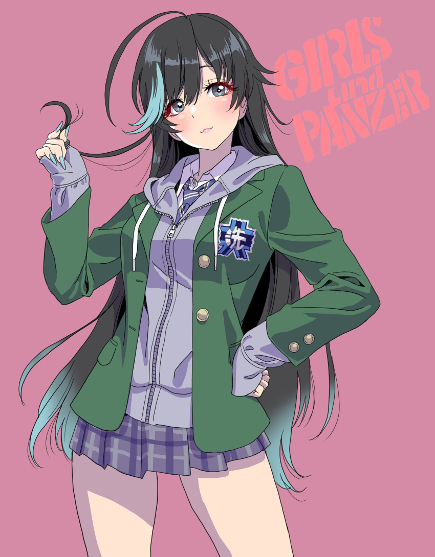 1girl :3 absurdres blush character_request contrapposto girls_und_panzer grey_eyes hair_between_eyes hand_on_hip highres hood hoodie jacket long_hair looking_at_viewer miniskirt multicolored_hair playing_with_own_hair pleated_skirt simple_background skirt solo two-tone_hair yamashita_shun'ya