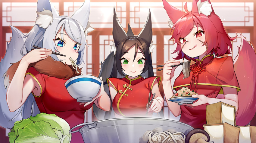 3girls animal_ear_fluff animal_ears blue_eyes blush bok_choy bowl breasts brown_hair cabbage capelet china_dress chinese_clothes chinese_knot chopsticks dress eating food fox_ears fox_girl fox_tail green_eyes grey_hair highres holding holding_chopsticks holding_plate ihachisu indoors large_breasts lips long_hair multiple_girls mushroom noodles original plate red_dress red_eyes redhead rice scar scar_on_face short_hair short_sleeves small_breasts tail tofu tongue tongue_out upper_body