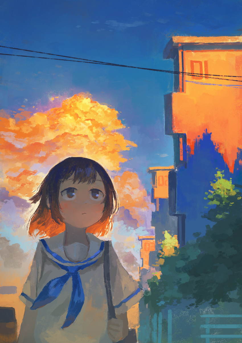 1girl bag bangs blue_neckerchief blue_sky brown_hair building carrying_bag clouds cloudy_sky expressionless fjsmu highres neckerchief original outdoors power_lines sailor_collar scenery school_uniform serafuku shirt short_hair sky solo sunset tree upper_body white_sailor_collar white_shirt