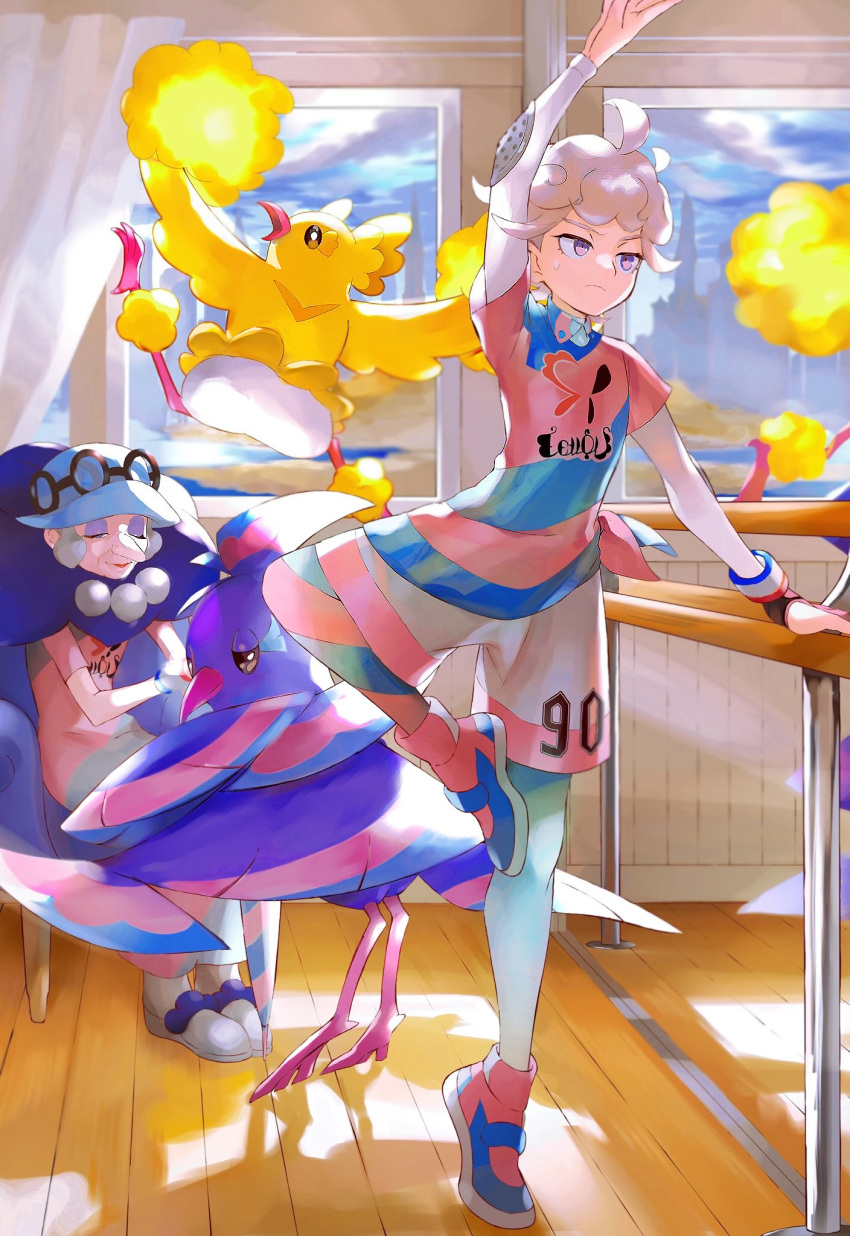 1boy 1girl ahoge arm_up ballet bangs bede_(pokemon) blue_headwear closed_mouth collared_shirt commentary_request dress frown grey_hair hat highres holding leg_up leggings old old_woman opal_(pokemon) orange_mikan oricorio oricorio_(pom-pom) oricorio_(sensu) pink_shirt pokemon pokemon_(creature) pokemon_(game) pokemon_swsh scarf shirt shoes short_hair shorts sitting standing standing_on_one_leg sweatdrop undershirt violet_eyes wooden_floor