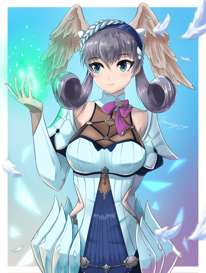 1girl blue_eyes braid breasts crown_braid dress fgsketch head_wings highres juliet_sleeves long_sleeves magic medium_breasts melia_antiqua o-ring puffy_sleeves short_dress solo thigh-highs xenoblade_chronicles:_future_connected xenoblade_chronicles_(series) xenoblade_chronicles_1