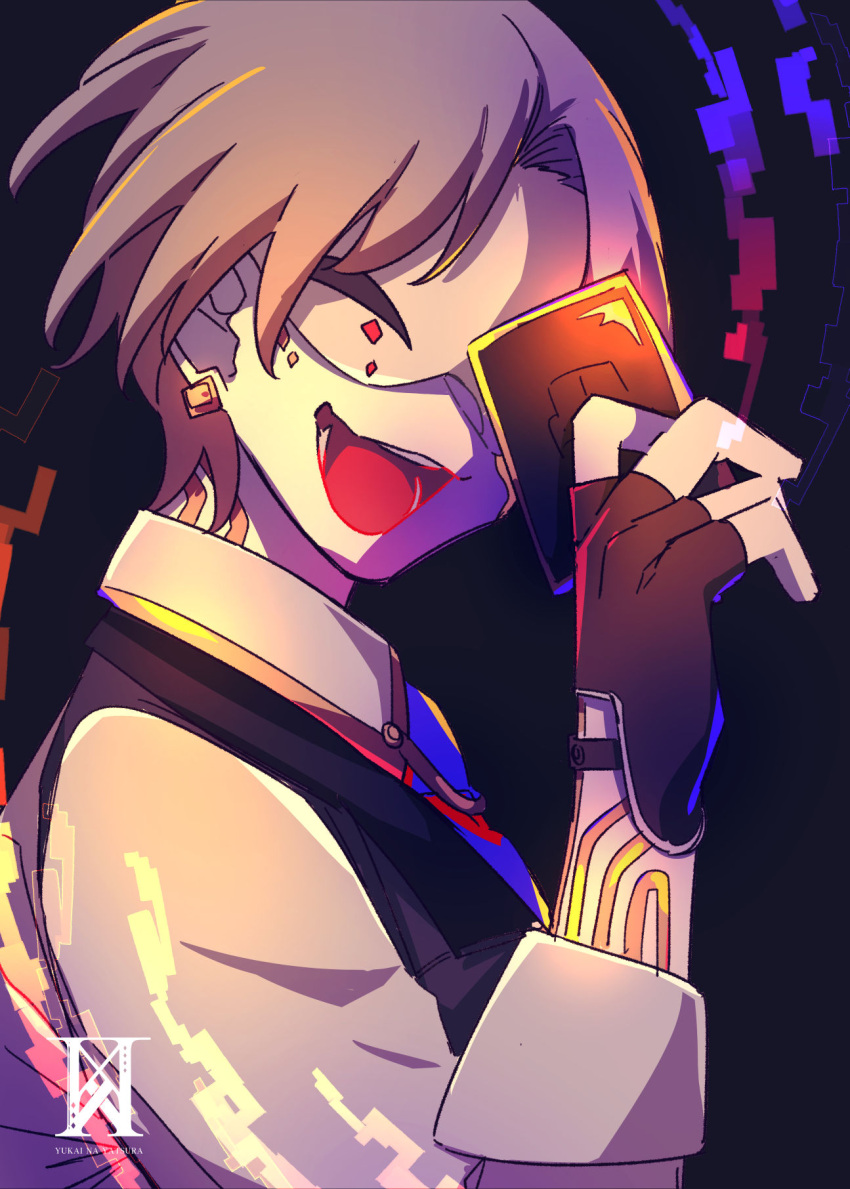 1boy blonde_hair blue_background chariki earrings fingerless_gloves gloves half_mask highres indie_virtual_youtuber jewelry male_focus marking_on_cheek mask multicolored_background open_mouth scemo_pagliaccio short_hair smile solo tattoo virtual_youtuber