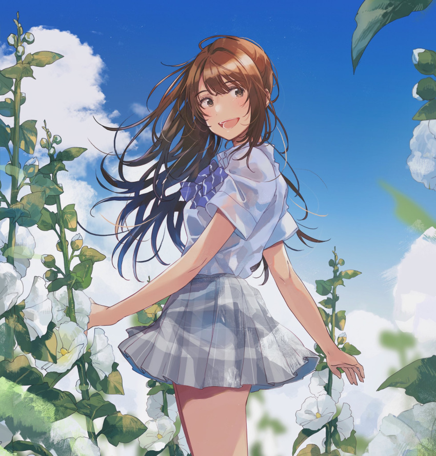1girl bangs blue_bow blue_bowtie blue_skirt blue_sky blush bow bowtie brown_eyes brown_hair character_request clouds copyright_request dress_shirt flower fly_(marguerite) highres long_hair looking_back open_mouth outdoors plaid plaid_bow plaid_bowtie plaid_skirt plant pleated_skirt school_uniform shirt short_sleeves skirt sky smile solo standing white_flower white_shirt