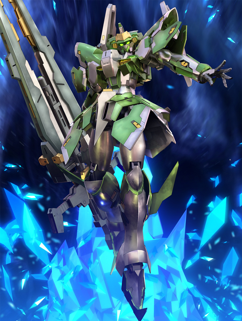 crystal glowing glowing_eyes green_eyes head_tilt highres holding holding_weapon looking_at_viewer mecha no_humans raftclans robot science_fiction solo super_robot_wars super_robot_wars_judgement super_robot_wars_og_moon_dwellers super_robot_wars_original_generation weapon zb