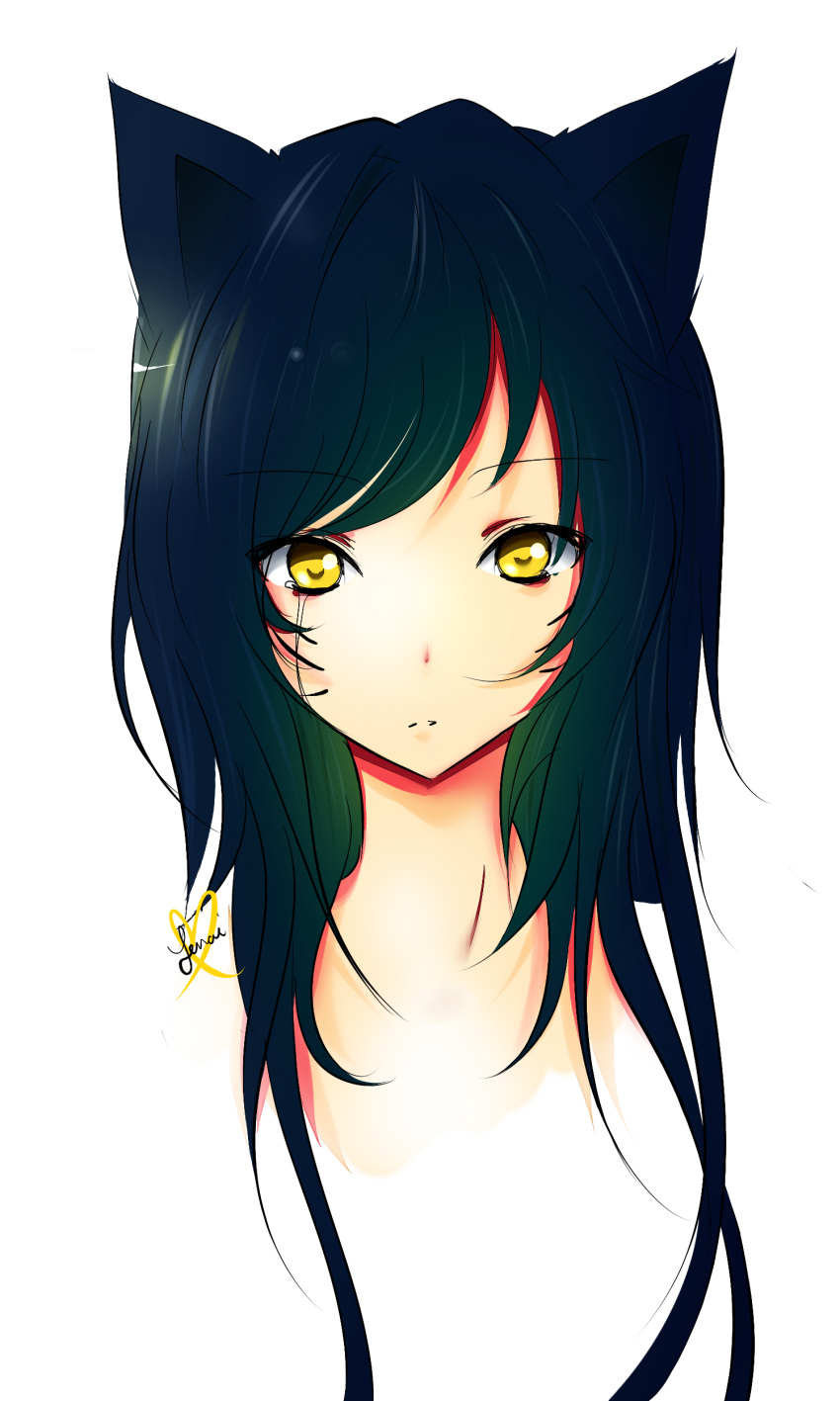 1girl absurdres ahri_(league_of_legends) animal_ears black_hair fox_ears fox_girl highres league_of_legends long_hair looking_at_viewer ohhlenai simple_background white_background yellow_eyes
