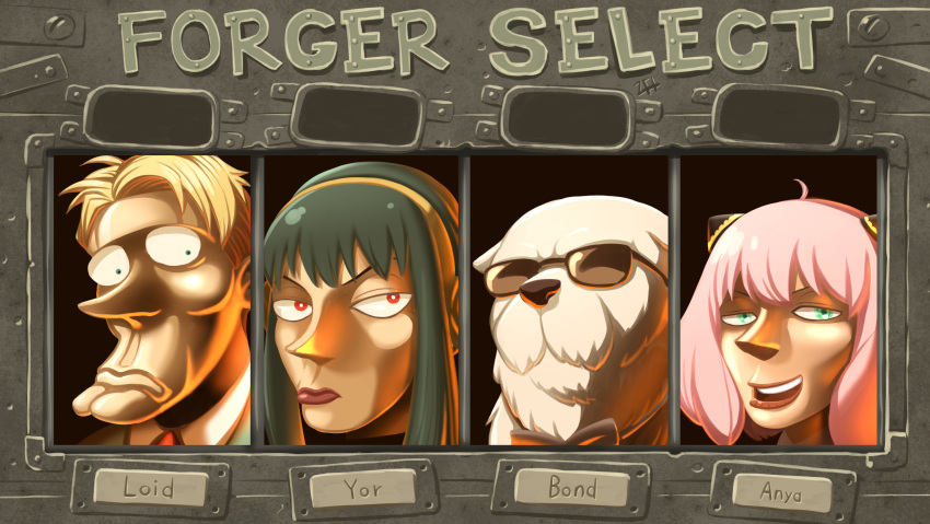 1boy 2girls anya_(spy_x_family) black_hair bond_(spy_x_family) character_select cleft_chin dog highres isaosa lips metal_slug multiple_girls open_mouth parody pink_hair portrait red_eyes spy_x_family style_parody sunglasses twilight_(spy_x_family) yor_briar