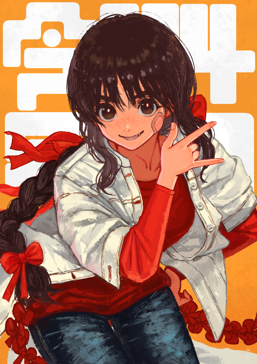 1girl \m/ bandaid bandaid_on_face bangs bow braid brown_eyes brown_hair commentary cowboy_shot denim hair_bow hair_ribbon hand_up highres jacket jeans layered_sleeves leaning_forward long_hair long_sleeves looking_at_viewer orange_background orange_bow orange_ribbon orange_sweater original pants ribbon sharp_teeth short_over_long_sleeves short_sleeves single_braid solo sweater teeth white_jacket window1228