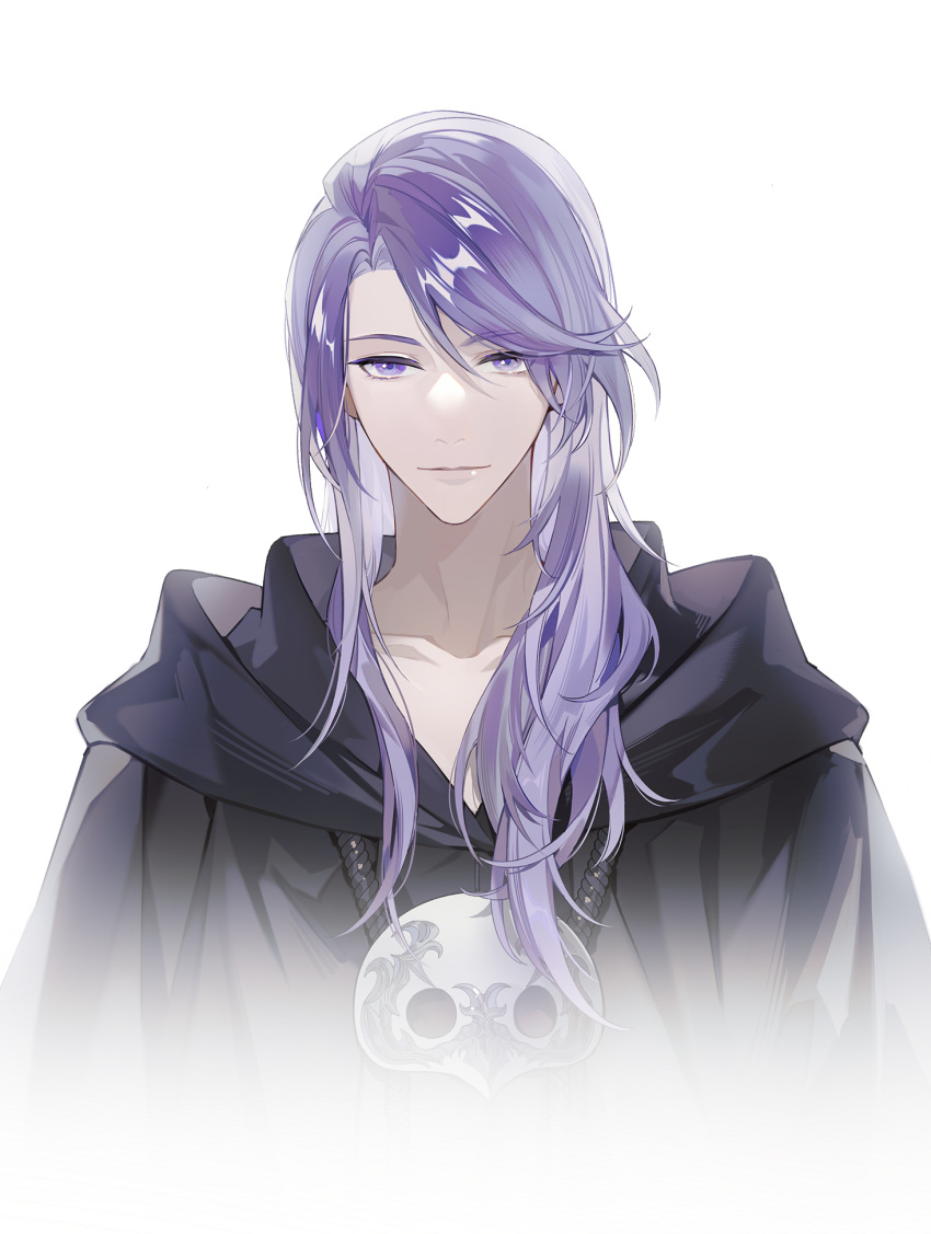 1boy alternate_hairstyle bangs bishounen chinese_commentary collarbone commentary_request cropped_torso final_fantasy final_fantasy_xiv hair_down highres hood hood_down hythlodaeus lieshang773 light_smile long_hair looking_at_viewer male_focus mask mask_removed portrait purple_hair simple_background solo straight-on swept_bangs violet_eyes white_background