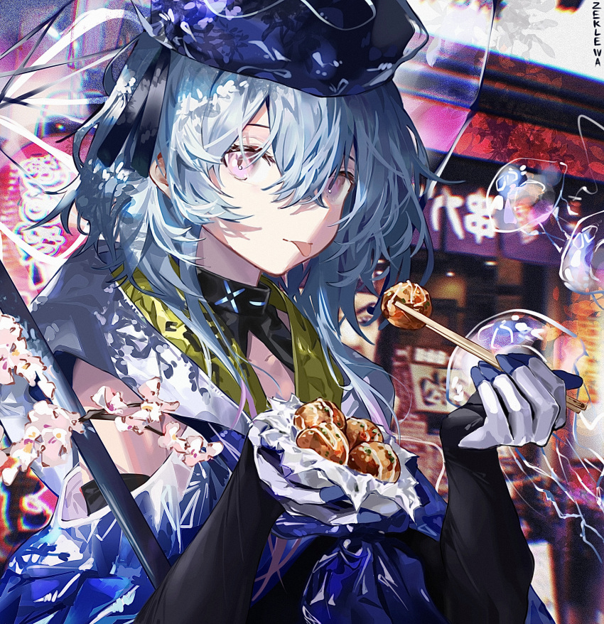 1boy :p absurdres androgynous arknights bangs beret black_gloves black_ribbon black_shirt blue_cloak blue_hair blue_headwear blue_neckerchief cherry_blossoms chopsticks cloak commentary crossed_bangs eating elbow_gloves english_commentary food from_side gloves hair_between_eyes hands_up hat highres holding holding_chopsticks holding_food infection_monitor_(arknights) jellyfish looking_at_viewer looking_to_the_side male_focus mizuki_(arknights) neckerchief otoko_no_ko pale_skin pink_eyes red_eyes ribbon shirt short_hair_with_long_locks sidelocks sideways_glance solo takoyaki tongue tongue_out transparent transparent_umbrella umbrella violet_eyes white_cloak white_gloves zeklewaaa