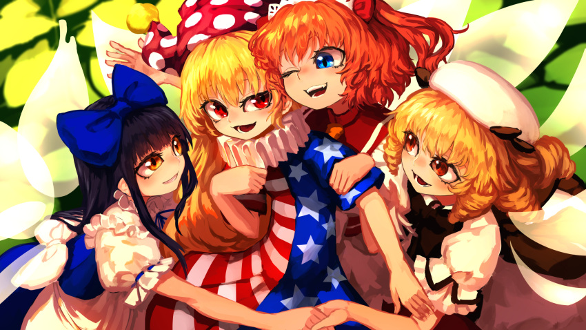 4girls ;d american_flag_dress apron ascot back_bow beret black_hair black_vest blonde_hair blue_bow blue_eyes blue_ribbon blue_skirt blue_vest blush bow clownpiece collared_shirt commentary drill_hair fairy_wings fangs frilled_shirt frilled_shirt_collar frills fuji_tarawi hair_bow hand_on_another's_arm hand_on_another's_shoulder hat headdress highres holding_hands jester_cap long_hair looking_at_another luna_child medium_hair multiple_girls neck_ribbon neck_ruff one_eye_closed open_mouth orange_eyes orange_hair parted_lips polka_dot_headwear puffy_short_sleeves puffy_sleeves red_ascot red_eyes ribbon shirt short_sleeves skirt smile star_sapphire straight_hair sunny_milk teeth touhou two_side_up upper_body vest waist_apron white_apron white_bow white_headwear white_shirt wings