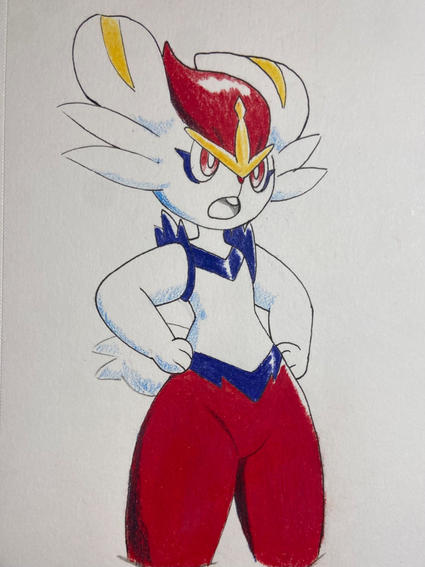 1girl animal_ears animal_hands animal_nose blue_fur body_fur bright_pupils buck_teeth cinderace colored_pencil_(medium) commentary cowboy_shot english_commentary flat_chest furry furry_female groin hands_on_own_hips highres j.jama looking_afar multicolored_fur open_mouth pokemon pokemon_(creature) rabbit_ears rabbit_girl rabbit_tail red_eyes red_fur red_hair short_hair short_tail simple_background solo standing tail teeth traditional_media white_background white_fur white_pupils