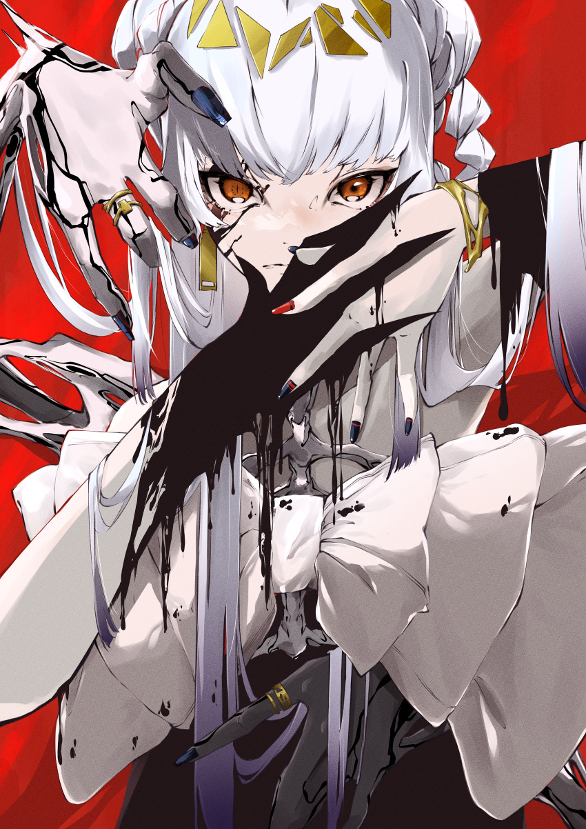 1girl absurdres daichi earrings highres jewelry looking_at_viewer mismatched_pupils nail_polish original pale_skin red_background red_eyes ring simple_background slit_pupils solo white_hair