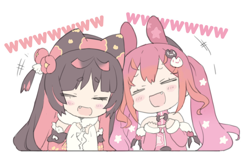 +++ 2girls :d bangs bare_shoulders black_hair blade_(galaxist) blush_stickers cat_hair_ornament chibi closed_eyes cropped_torso crossover fang flower hair_flower hair_ornament indie_virtual_youtuber laughing long_hair long_sleeves mel_mellow multicolored_hair multiple_girls nekoyama_nae pink_hair red_flower redhead short_eyebrows simple_background sleeves_past_wrists smile star_(symbol) thick_eyebrows toranoana twintails two-tone_hair upper_body very_long_hair virtual_youtuber white_background wide_sleeves