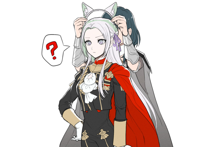 2girls animal_ears bangs black_coat black_shorts blue_eyes blue_hair blush breasts byleth_(fire_emblem) byleth_eisner_(female) cape cat_ears closed_mouth coat edelgard_von_hresvelg fire_emblem fire_emblem:_three_houses garreg_mach_monastery_uniform gloves hair_between_eyes hair_ornament hair_ribbon highres long_hair looking_at_viewer medium_hair multiple_girls nieto_tokage pantyhose red_cape ribbon shorts simple_background uniform violet_eyes white_hair yuri