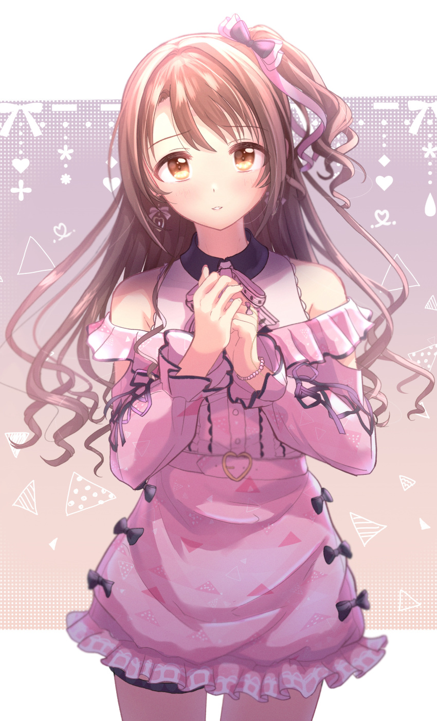 1girl :o absurdres blush bow brown_hair buckle citrusmikan clothing_cutout cowboy_shot dress frilled_sleeves frills hair_bow heart heart-shaped_buckle highres idolmaster idolmaster_cinderella_girls idolmaster_cinderella_girls_starlight_stage long_hair looking_at_viewer one_side_up own_hands_together patterned_background pink_dress shimamura_uzuki shiny shiny_hair shoulder_cutout solo wavy_hair