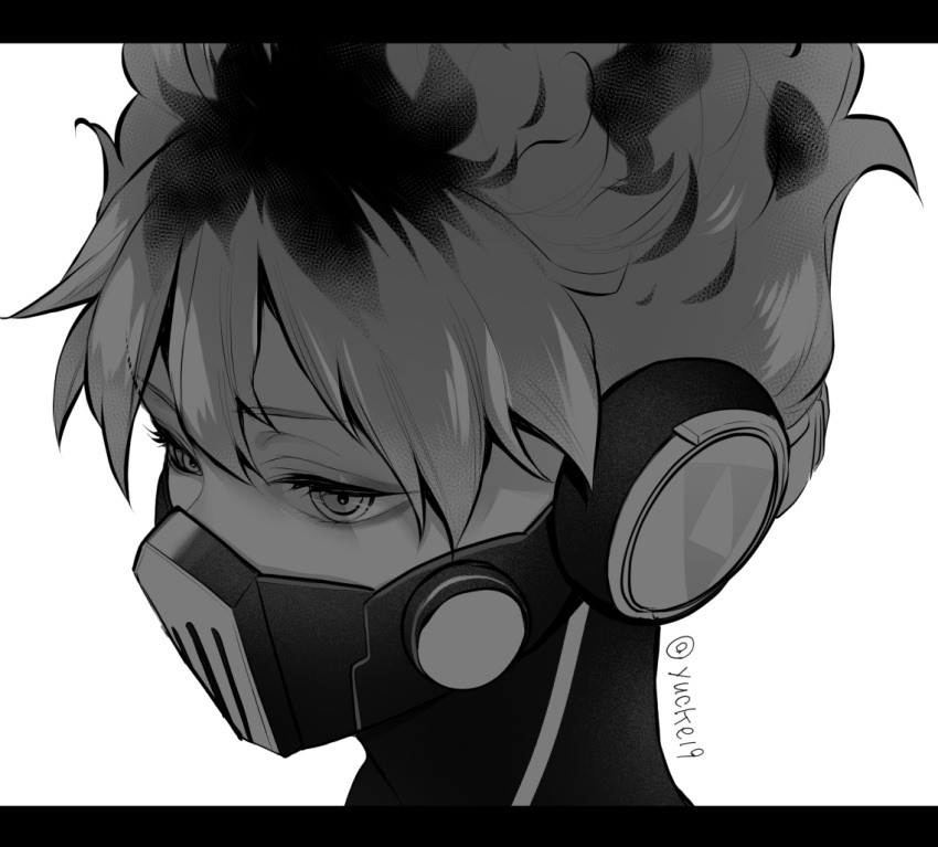 1boy covered_mouth eyelashes from_above from_side greyscale headphones letterboxed looking_away male_focus mask monochrome ortho_shroud portrait respirator short_hair simple_background solo spiky_hair twisted_wonderland twitter_username wavy_hair yucke19