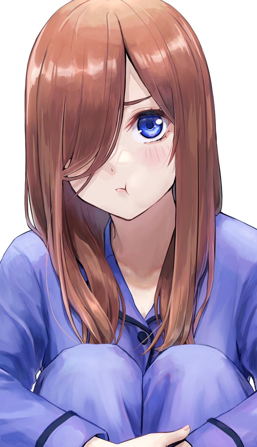 1girl :t absurdres blue_eyes blush brown_hair buttons closed_mouth collarbone commentary_request go-toubun_no_hanayome hair_over_one_eye hands_on_own_knees highres ishiyuki00 knees_up long_hair long_sleeves looking_at_viewer nakano_miku pajamas pants pout purple_pants purple_shirt revision shiny shiny_hair shirt simple_background sitting solo white_background
