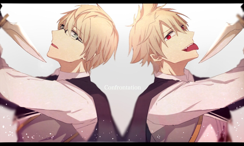 2boys ascot black_ascot blonde_hair blood blood_on_clothes brown_cape cape collared_shirt dual_persona english_text fate/grand_order fate_(series) from_side glasses green_eyes grey_background grey_vest hair_between_eyes holding holding_knife jekyll_and_hyde_(fate) knife knife_to_throat looking_at_viewer male_focus multiple_boys parted_lips red_eyes sharp_teeth shirt short_hair simple_background spiky_hair symmetry takimiho teeth tongue tongue_out upper_body upper_teeth vest white_shirt
