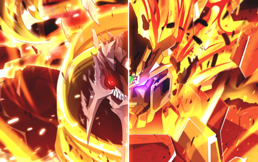 absurdres betterman betterman_cataphract clenched_teeth final_gaogaigar fire galactic_small_yellow glowing glowing_eyes hakaiou:_gaogaigar_vs._betterman highres kaijuu looking_at_viewer mecha no_humans red_eyes robot sharp_teeth teeth v-fin violet_eyes yuusha_ou_gaogaigar yuusha_series