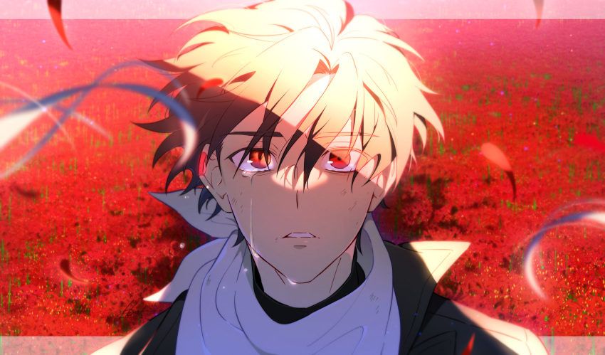 1boy 86_-eightysix- absurdres bangs brown_hair commentary_request field flower grey_jacket hair_between_eyes highres honla jacket looking_at_viewer outdoors parted_lips red_eyes red_flower scarf shinei_nouzen solo tears upper_body white_scarf