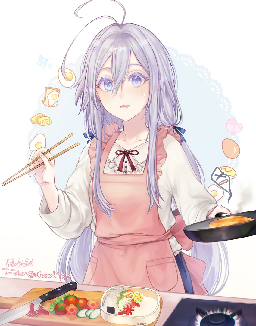 1girl 86_-eightysix- alternate_hairstyle antenna_hair apron bangs bento blue_eyes blue_ribbon blush chopsticks commentary_request commission cooking cucumber egg fingernails food frying_pan grey_hair hair_between_eyes highres holding holding_chopsticks holding_frying_pan knife long_sleeves looking_at_viewer low_twintails open_mouth pink_apron pocket ribbon rice sausage shanabi0610 shirt sidelocks signature skeb_commission solo sweat tomato twintails twitter_username vladilena_millize white_shirt