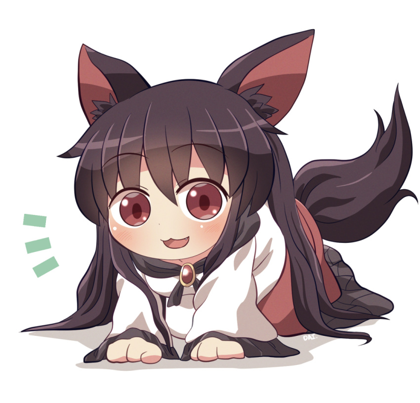 1girl animal_ears blush brown_hair closed_eyes dress fang hair_between_eyes imaizumi_kagerou long_hair long_sleeves open_mouth red_dress red_eyes rokugou_daisuke signature simple_background smile solo tail touhou white_background white_dress wide_sleeves wolf_ears wolf_tail