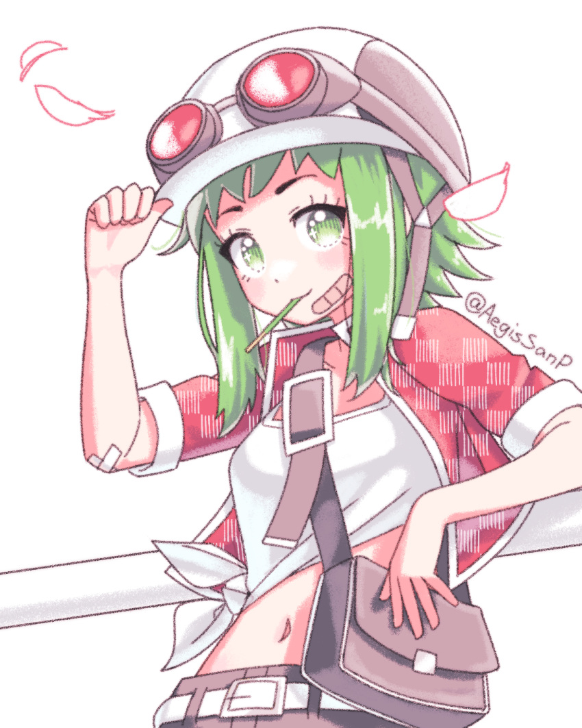 1girl aegissanp bag black_shorts brown_bag cabbie_hat flat_cap goggles goggles_on_head green_eyes green_hair gumi hand_on_headwear hat highres jacket long_sleeves midriff navel plaid plaid_jacket red-tinted_eyewear red_goggles red_jacket shorts shoulder_bag sleeves_rolled_up solo stomach tank_top tinted_eyewear vocaloid white_headwear white_shorts white_tank_top