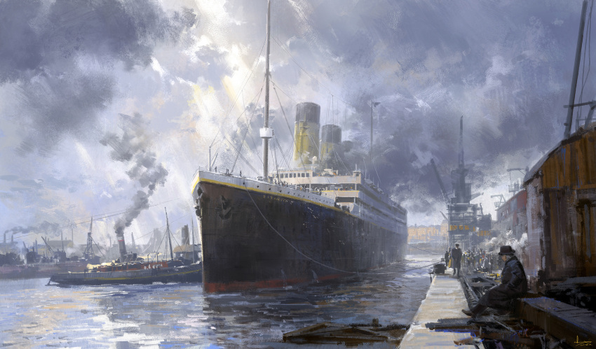 clouds cloudy_sky grey_sky highres ling_xiang outdoors people real_life rms_titanic scenery signature sky smoke