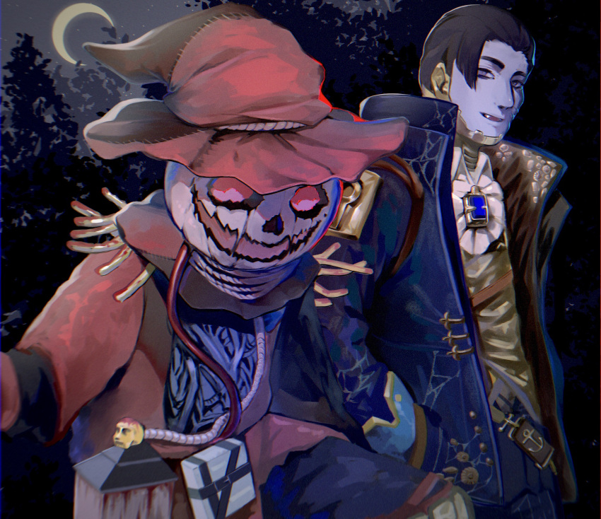 1boy 1other ambiguous_gender apex_legends black_hair bloodhound_(apex_legends) blue_eyes blue_jacket blue_pants blue_skin cable colored_skin crescent_moon crypto_(apex_legends) fangs forest hair_behind_ear hand_in_pocket hat highres jack-o'-lantern jacket lantern lupi_(yuni_060969) midnight_cipher_crypto moon nature night night_sky pants red_headwear red_jacket shirt sky vest white_shirt wicked_harvest_bloodhound witch_hat yellow_vest