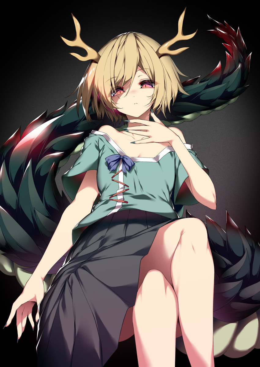 1girl absurdres antlers aqua_nails bangs blonde_hair blue_shirt blue_skirt closed_mouth crossed_legs dragon_girl dragon_horns dragon_tail feet_out_of_frame fingernails frown hand_on_own_chest highres horns kicchou_yachie long_fingernails looking_at_viewer off_shoulder pleated_skirt sakurame shirt short_hair skirt solo swept_bangs tail touhou turtle_shell
