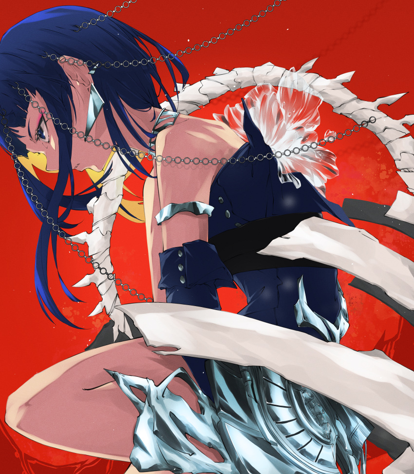 1girl absurdres bare_shoulders blue_hair bone chain daichi eyeshadow from_side highres looking_at_viewer makeup original red_background simple_background solo spine