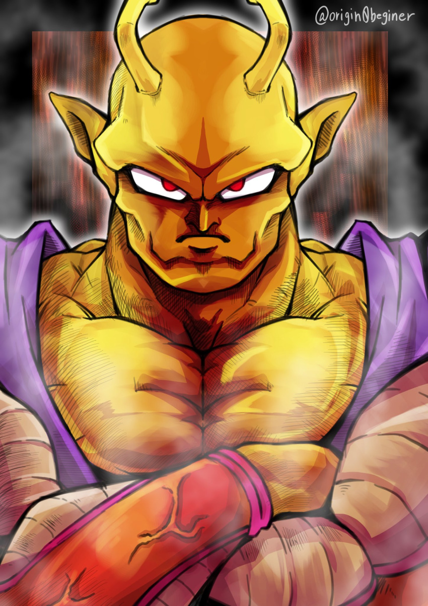 1boy antennae bald closed_mouth colored_skin crossed_arms dougi dragon_ball dragon_ball_super dragon_ball_super_super_hero frown highres looking_at_viewer male_focus muscular muscular_male orange_skin piccolo pointy_ears purple_shirt red_eyes serious shirt simple_background solo spoilers steaming_body symbol-only_commentary twitter_username upper_body veins ya-don