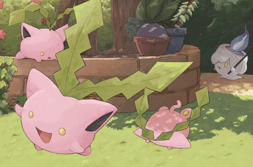 :d commentary_request day fire flame flower_pot grass happy highres holding hoppip litwick no_humans oddish omaru_(wick_moshi) open_mouth outdoors plant pokemon pokemon_(creature) smile tongue tree vines yellow_eyes