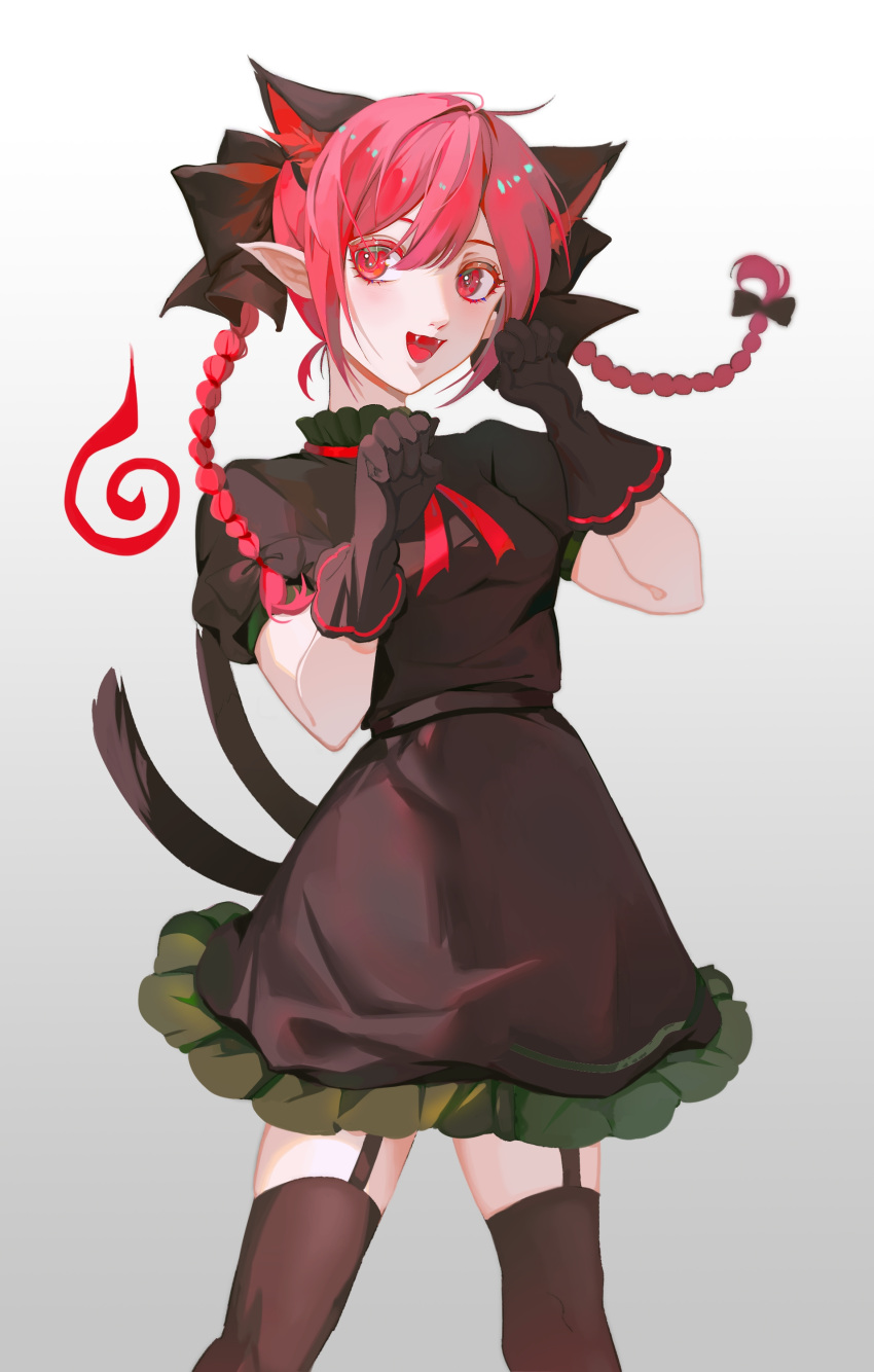 1girl :d absurdres animal_ear_fluff animal_ears black_bow black_dress black_gloves black_legwear blush bow braid cat_ears cat_tail cowboy_shot dress extra_ears eyebrows_behind_hair fangs frilled_dress frills gloves hair_between_eyes hair_bow hands_up highres kaenbyou_rin long_hair looking_at_viewer multiple_tails neck_ribbon nekomata open_mouth paw_pose pointy_ears puffy_short_sleeves puffy_sleeves red_eyes red_ribbon ribbon short_sleeves simple_background smile solo tail thigh-highs tongue touhou twin_braids two_tails white_background zhiming_shang