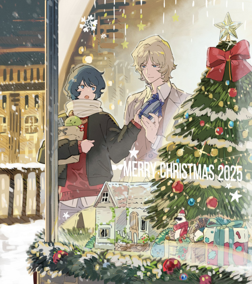 2025 2boys :o black_jacket blonde_hair blue_eyes blue_hair box brown_coat brown_vest char_aznable christmas christmas_ornaments christmas_tree closed_mouth coat collared_shirt display_case fence gift gift_box grey_pants gundam gundam_cafe haro highres holding holding_gift jacket kamille_bidan long_sleeves male_focus merry_christmas multiple_boys official_alternate_costume open_clothes open_coat open_jacket open_mouth outdoors pants quattro_bajeena red_sweater scarf shirt short_hair smile snow snowflakes snowing striped_clothes striped_scarf sweater vest white_scarf white_shirt wing_collar winter winter_clothes xing_20 zeta_gundam
