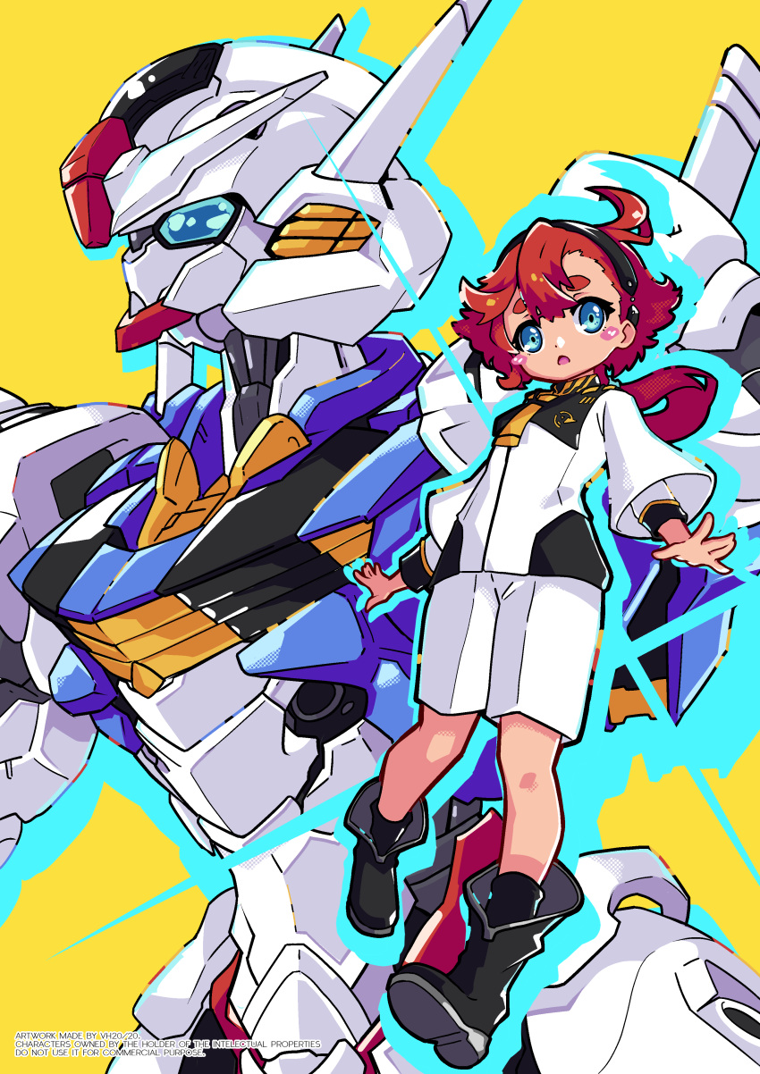 1girl absurdres ahoge artist_name bangs blue_eyes blush_stickers boots english_commentary english_text full_body gundam gundam_aerial gundam_suisei_no_majo hairband highres long_hair looking_at_viewer low_ponytail mecha mobile_suit redhead robot shorts suletta_mercury upper_body v-fin vistahero yellow_background
