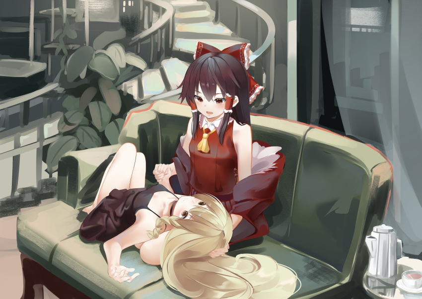2girls absurdres adapted_costume alternate_costume ascot bangs bare_shoulders black_choker black_dress blonde_hair blush bow braid brown_eyes brown_hair choker coat collared_vest couch cup dress frilled_bow frilled_hair_tubes frills full_body fur_shawl hair_bow hair_tubes hakurei_reimu hand_on_another's_head highres holding_hands indoors kirisame_marisa knees_up lap_pillow long_hair looking_at_another multiple_girls no_hat no_headwear on_couch on_person open_mouth plant red_coat red_shawl red_skirt red_vest seiza shawl short_dress single_braid sitting skirt sleeveless sleeveless_dress smile spiral_staircase stairs symbol-only_commentary teacup teapot touhou vest yellow_ascot yuri zeppeki_shoujo