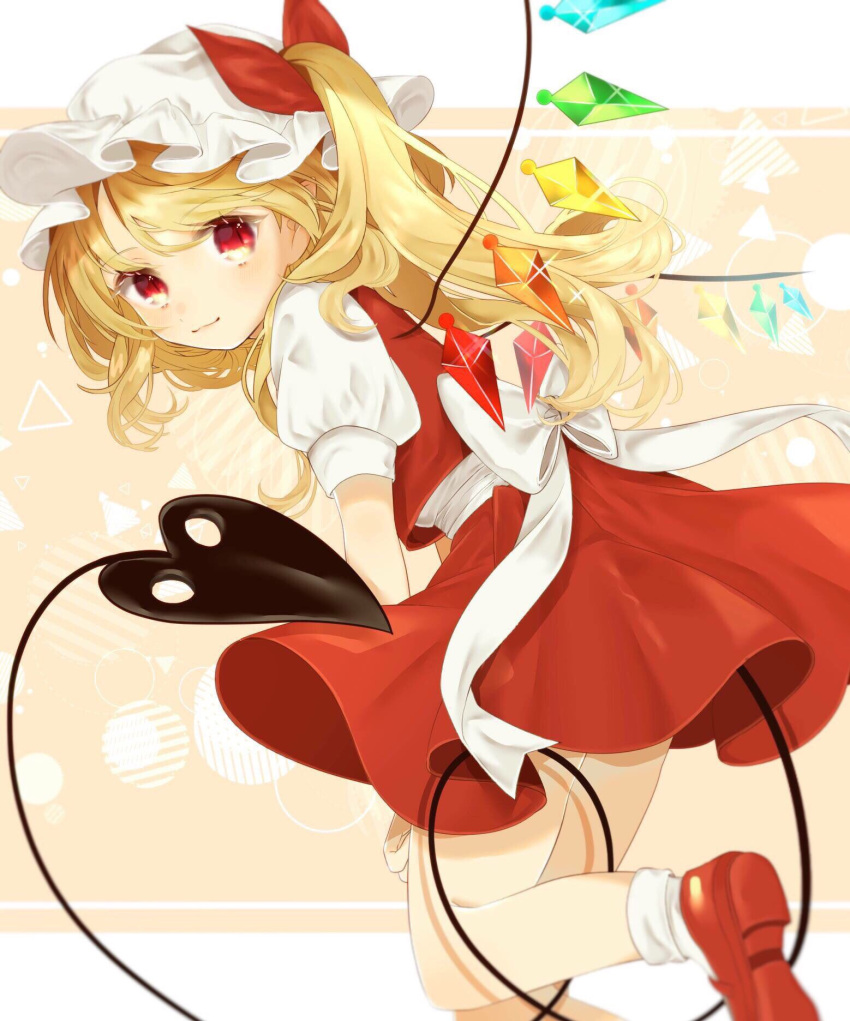1girl back_bow blonde_hair bow closed_mouth commentary_request crystal flandre_scarlet happy hat highres laevatein_(tail) looking_at_viewer looking_back mary_janes medium_hair mob_cap puffy_short_sleeves puffy_sleeves red_eyes red_footwear red_skirt red_vest redhead shirt shoe_soles shoes short_sleeves side_ponytail skirt smile socks solo tail touhou vest waist_bow white_headwear white_legwear white_shirt wings youtan