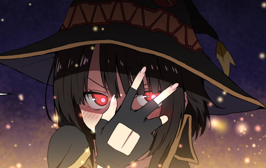 1girl black_gloves brown_hair cape commentary_request embers fingerless_gloves gloves hand_over_eye hand_up hat highres izawa_(bhive003) kono_subarashii_sekai_ni_shukufuku_wo! looking_at_viewer megumin no_eyepatch red_eyes shiny shiny_hair short_hair solo witch_hat