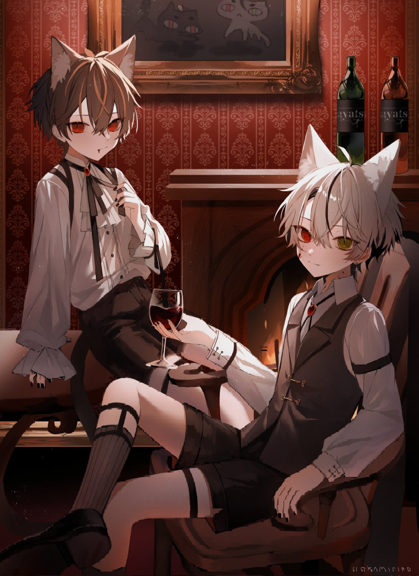 2boys ahoge alcohol animal_ear_fluff animal_ears armband armchair artist_self-insert black_hair black_ribbon blood blood_on_face bottle brooch cat cat_ears cat_tail chair coffee_table cup drinking_glass fire fireplace frilled_shirt frilled_shirt_collar frilled_sleeves frills gem green_eyes grey_hair heterochromia highres indie_virtual_youtuber jewelry legband legwear_garter lounge_chair multicolored_hair multiple_boys nail_polish necklace ookami_ciro painting_(object) puffy_sleeves red_eyes red_gemstone ribbon shirt shoes short_hair shorts sleeve_cuffs socks streaked_hair tail wallpaper_(object) wine wine_bottle wine_glass