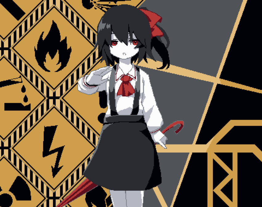 1girl ascot bangs black_hair black_skirt bow colored_skin cookie_(touhou) cowboy_shot fire hair_bow highres holding holding_umbrella lightning_bolt_symbol looking_at_viewer medium_hair open_mouth pixel_art red_ascot red_bow red_eyes red_umbrella road_sign shirt sign siyudi_(cookie) skirt solo sparseseethe suspender_skirt suspenders umbrella warning_sign white_shirt white_skin