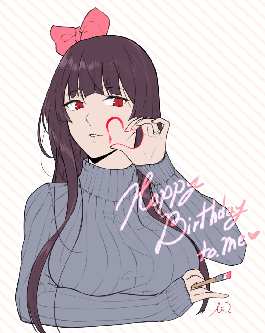 1girl absurdres arm_up bangs bow cropped_torso girls_frontline grey_sweater hair_bow happy_birthday heart heart_print highres holding inkwell jewelry long_hair looking_at_viewer open_mouth parted_lips pink_bow purple_hair red_eyes ring simple_background solo stigmamyu striped striped_background sweater upper_body wa2000_(girls'_frontline)